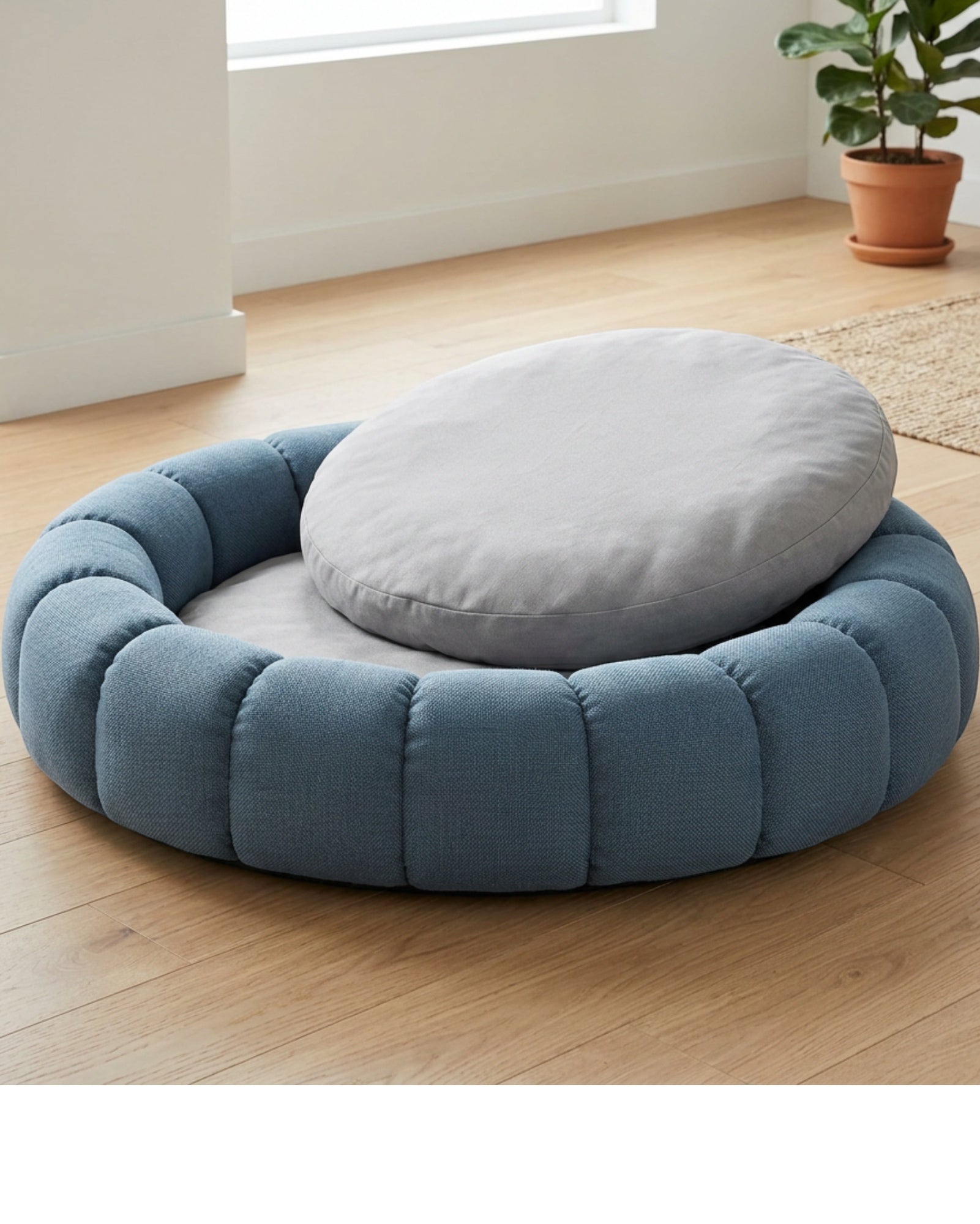 Savod Channelled Round Large Dog Bed 110 cm Muted Blue - Lifestyle view