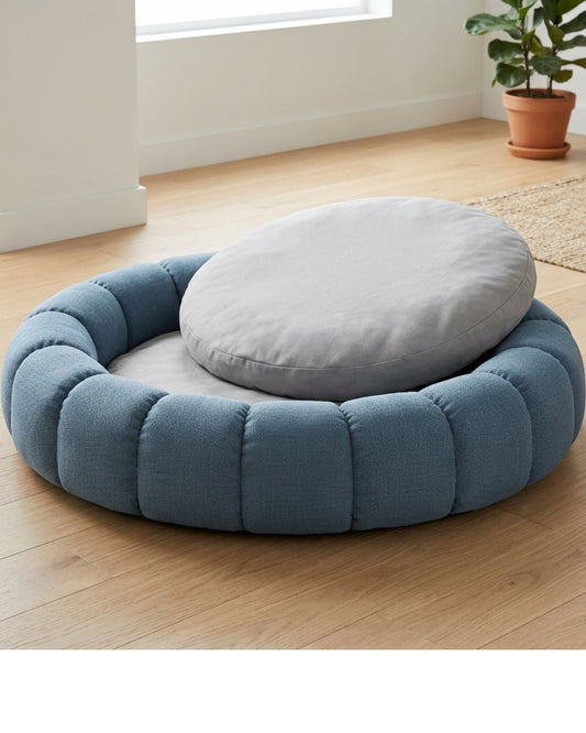 Savod Channelled Round Large Dog Bed 110 cm Muted Blue - Lifestyle view