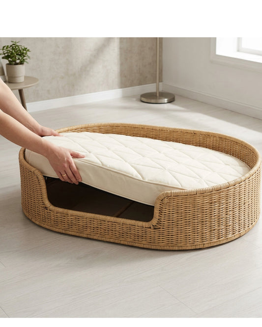 Savod Oval Woven-Frame Large Dog Bed 110 × 75 cm Natural Cream - Lifestyle view