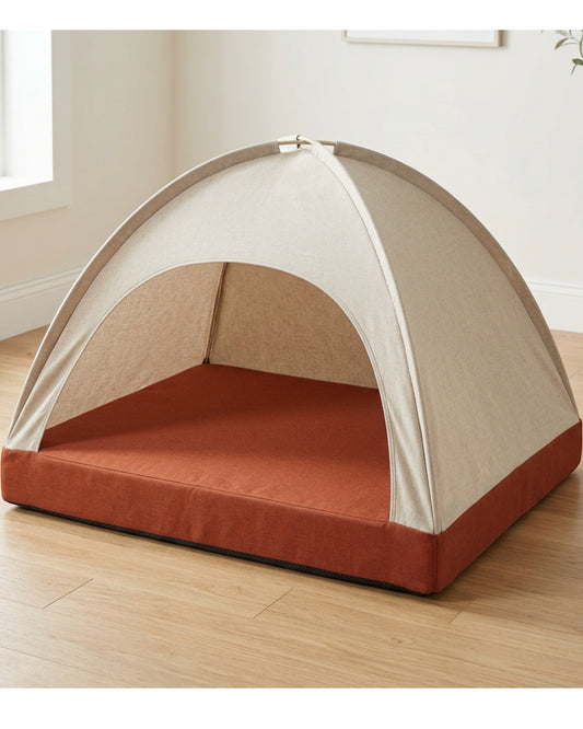 Savod Removable-Canopy Large Dog Cave Bed 105 × 80 cm Rust Oatmeal - Lifestyle view